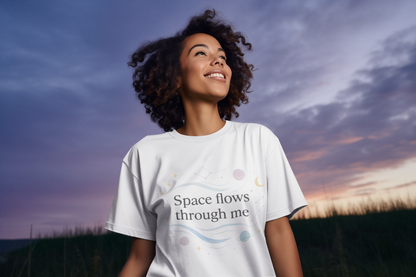 Woman wearing white t-shirt with space design
