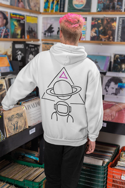 Man wearing white hoodie with space design on back
