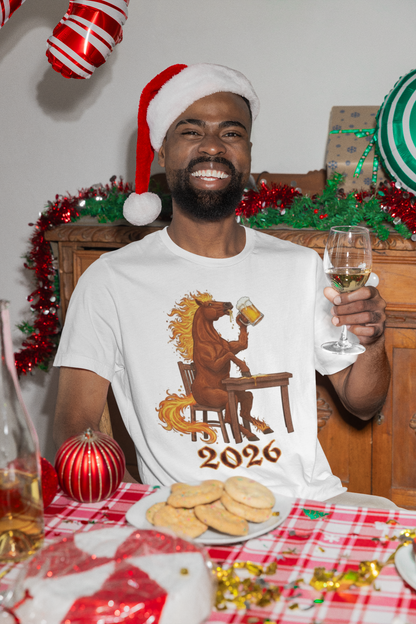 Man wearing Santa hat and white t-shirt with horse print holding wine glass
