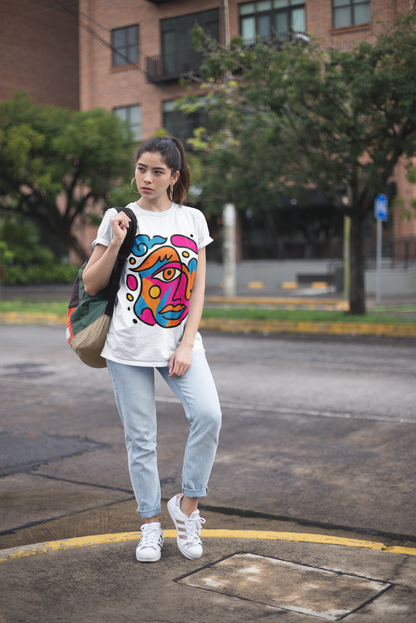 Woman wearing white t-shirt with vibrant abstract pop art face print in pink, blue, orange and yellow colors, light blue jeans, white sneakers and backpack on urban street
