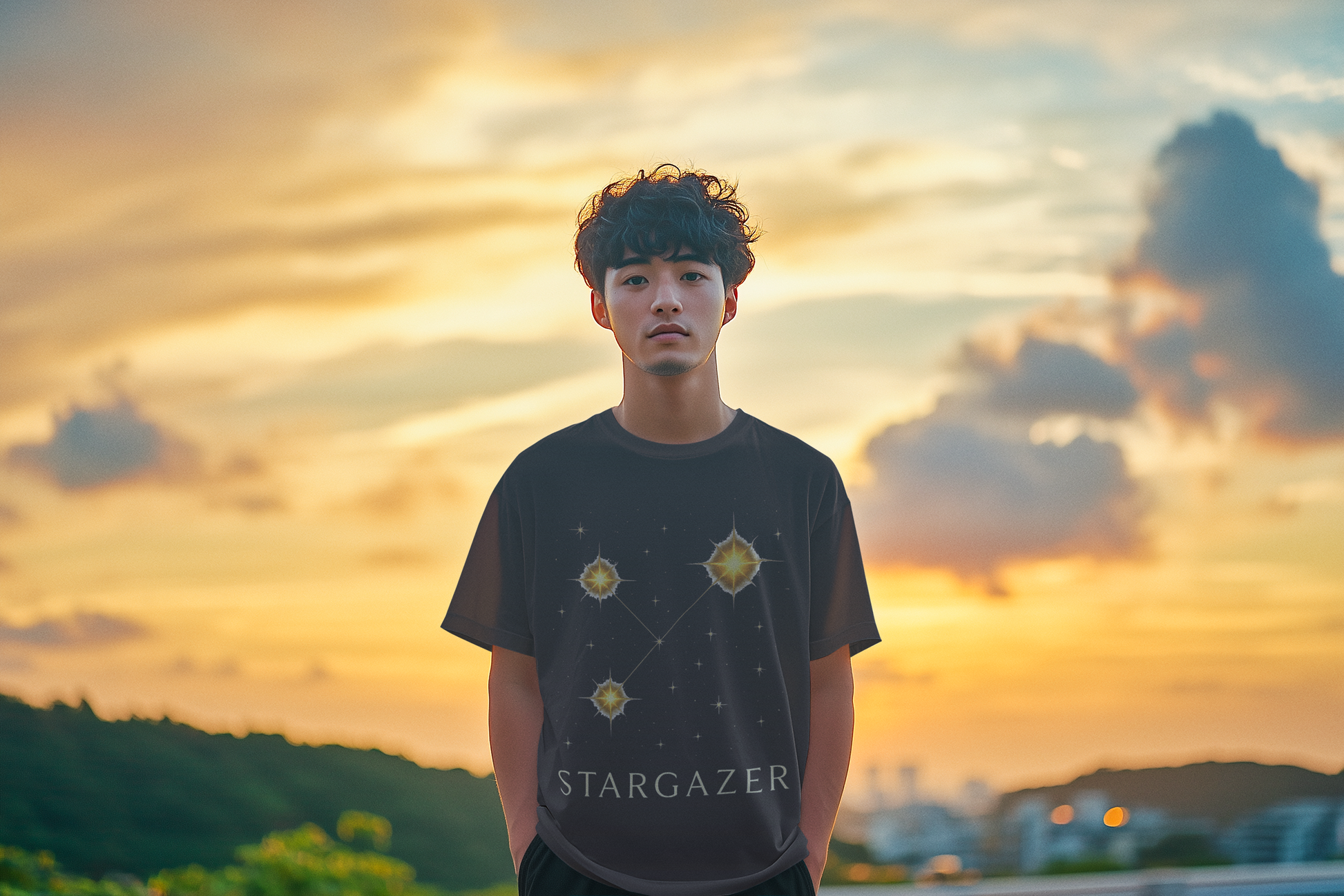 Man wearing charcoal grey t-shirt with constellation print
