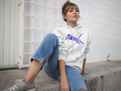 Woman wearing white hoodie with geometric cat print
