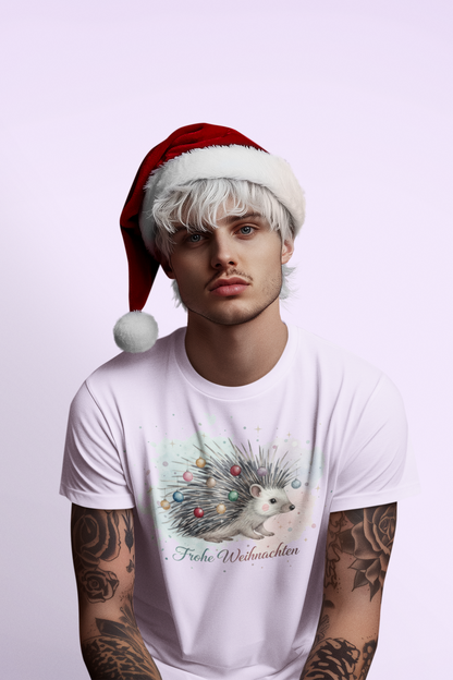 Man wearing Santa hat and lavender t-shirt with hedgehog print
