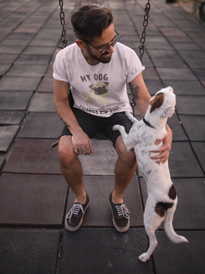 Man with dog wearing pink t-shirt with pug print
