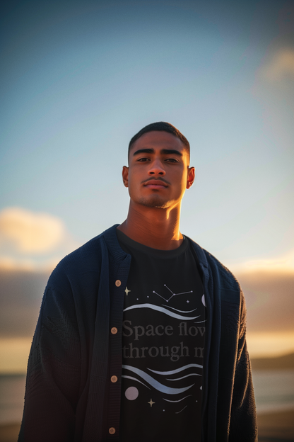 Man wearing black t-shirt with space design
