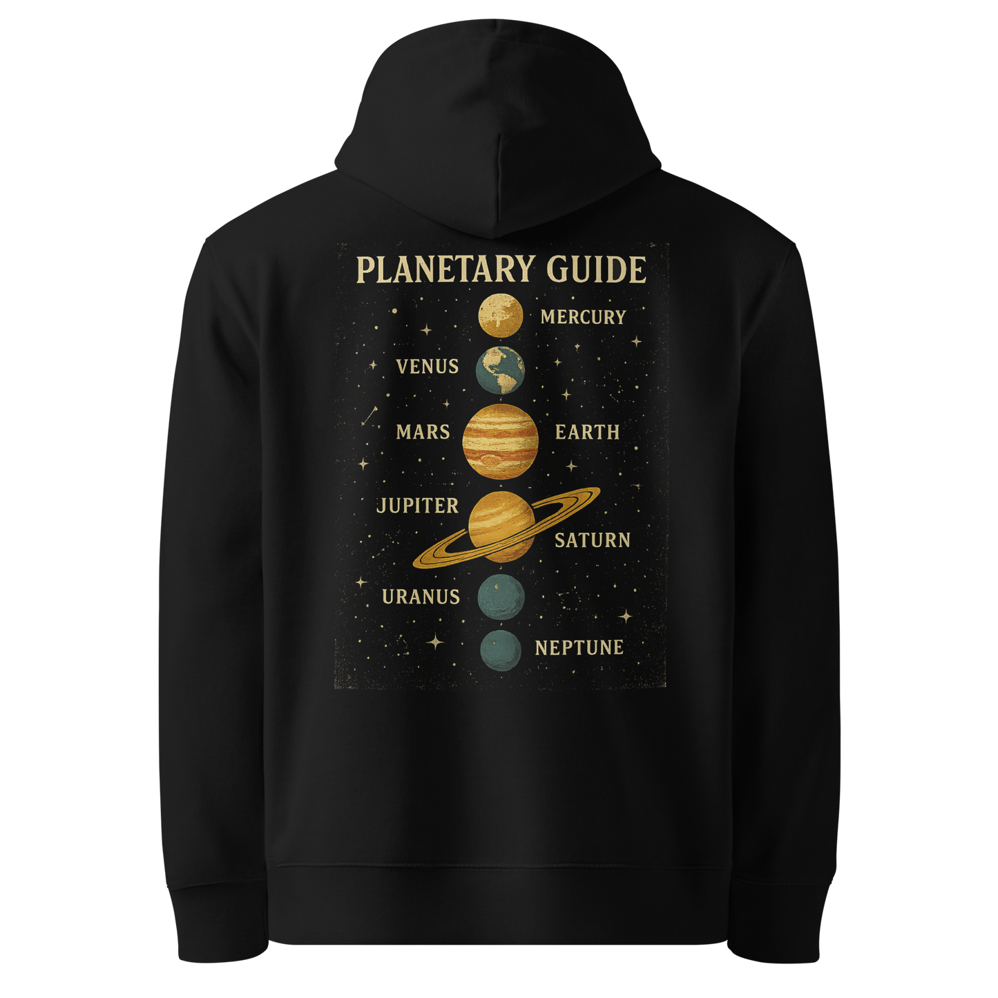 Black hoodie back view with solar system planets print
