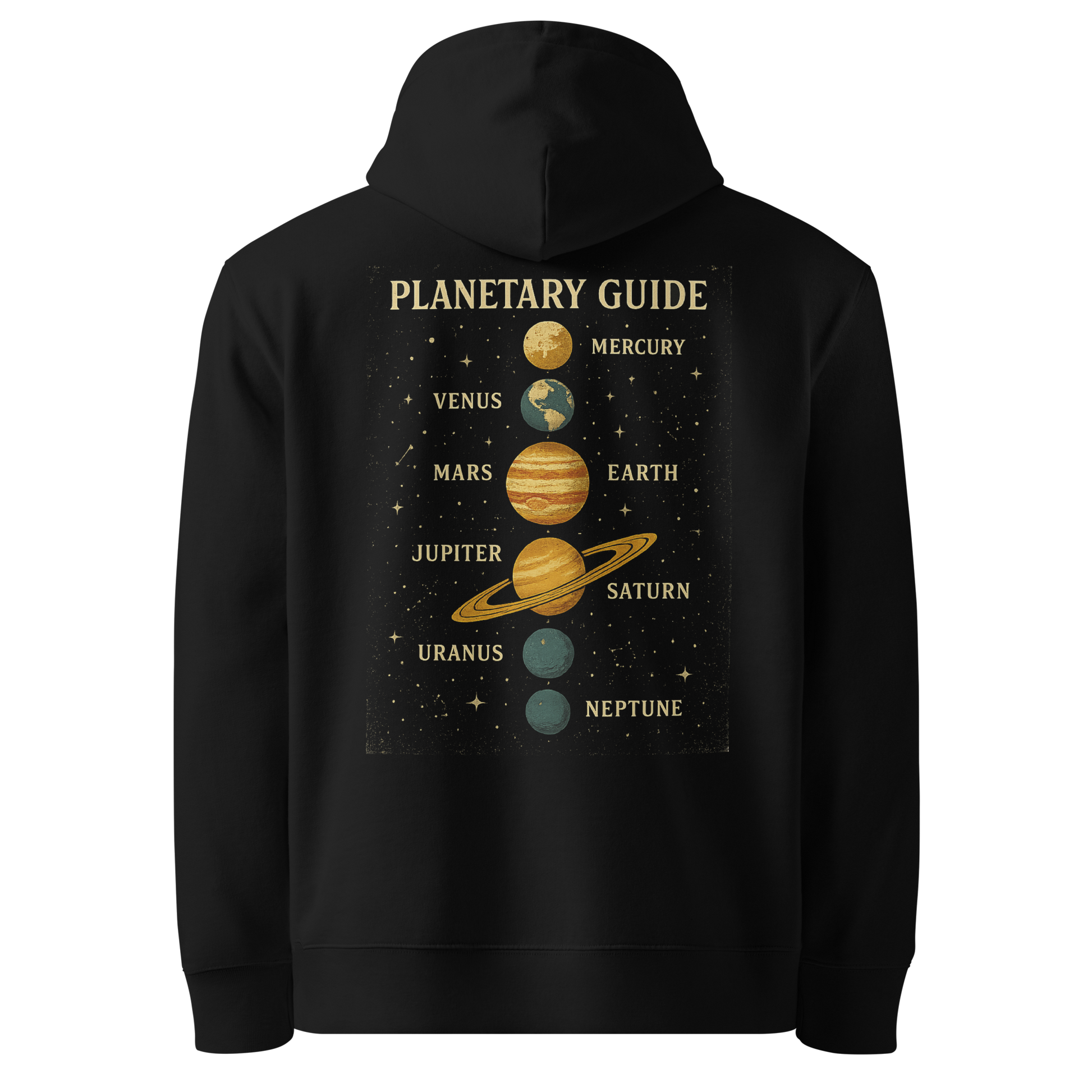 Black hoodie back view with solar system planets print
