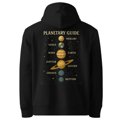 Black hoodie back view with solar system planets print
