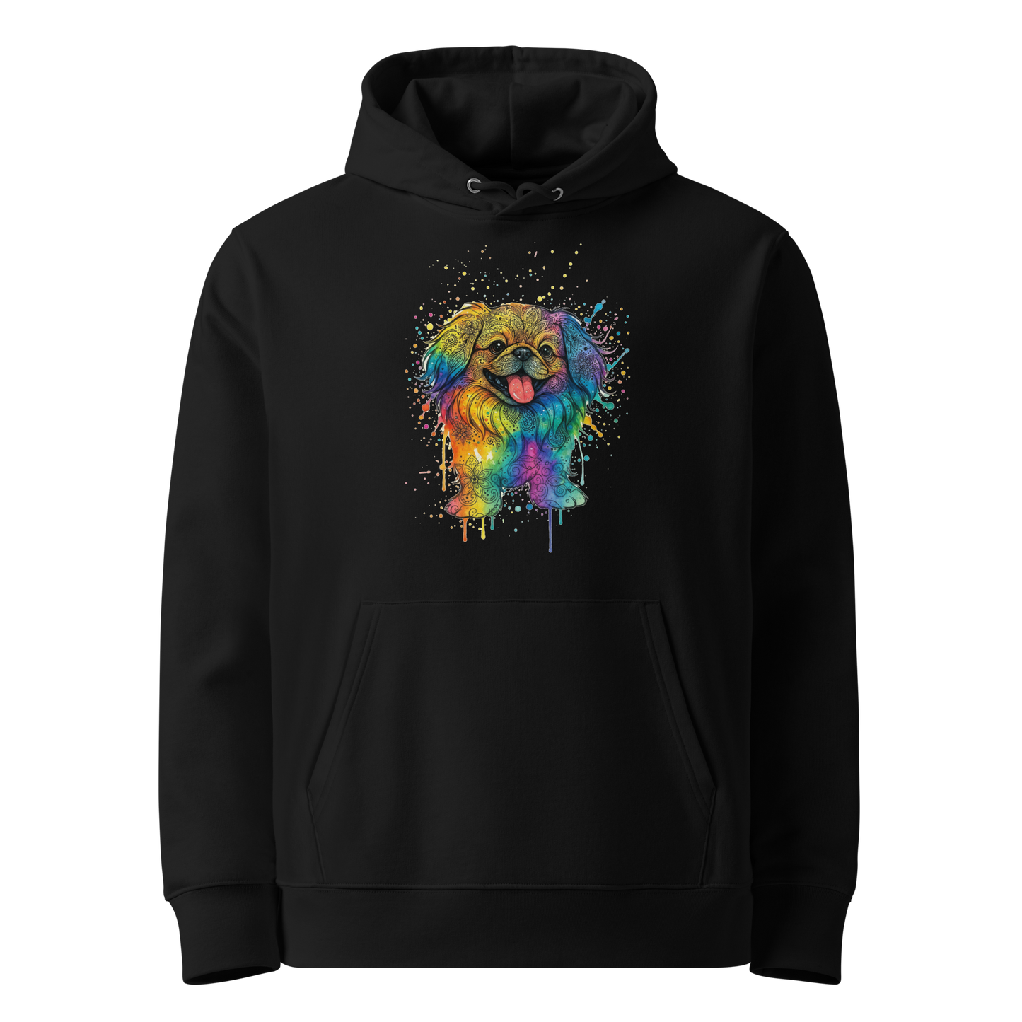 Black hoodie with colorful dog print - front view
