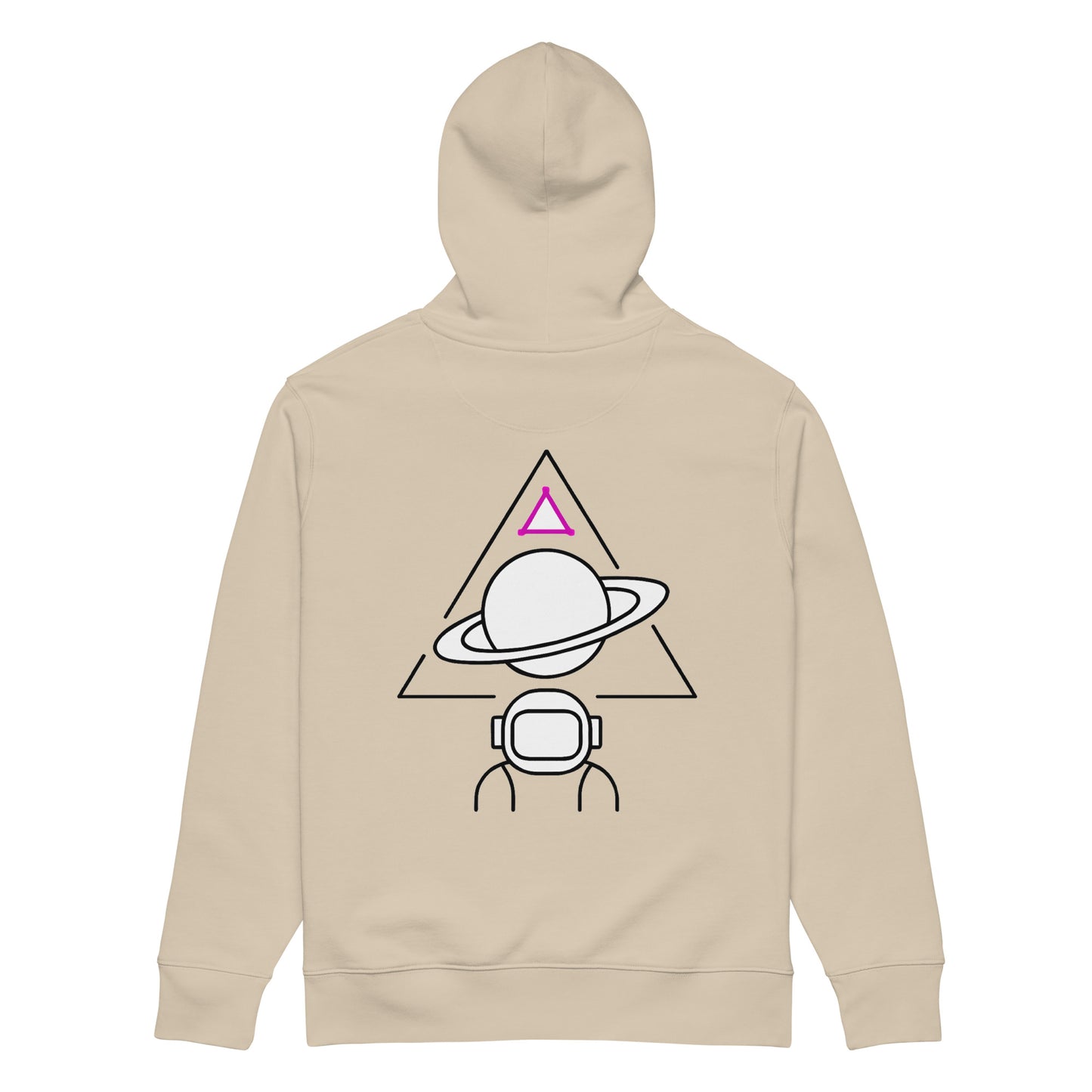 Beige organic cotton hoodie with space design on back
