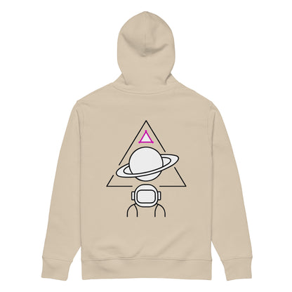 Beige organic cotton hoodie with space design on back
