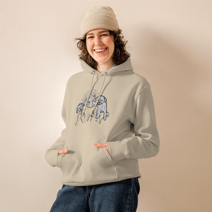 Woman wearing beige hoodie with dog lover print
