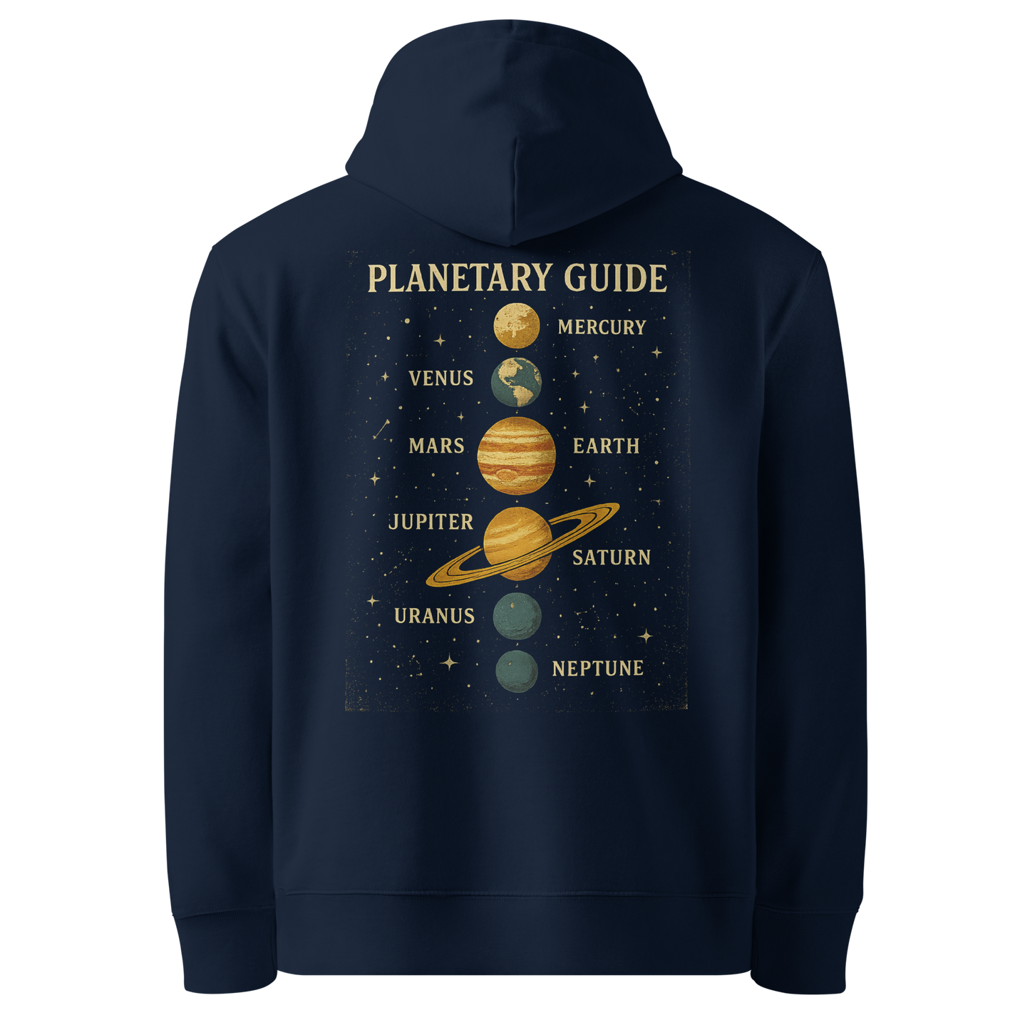 Navy blue hoodie back view with solar system planets print
