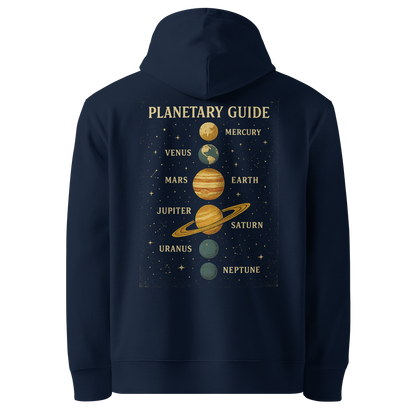 Navy blue hoodie back view with solar system planets print
