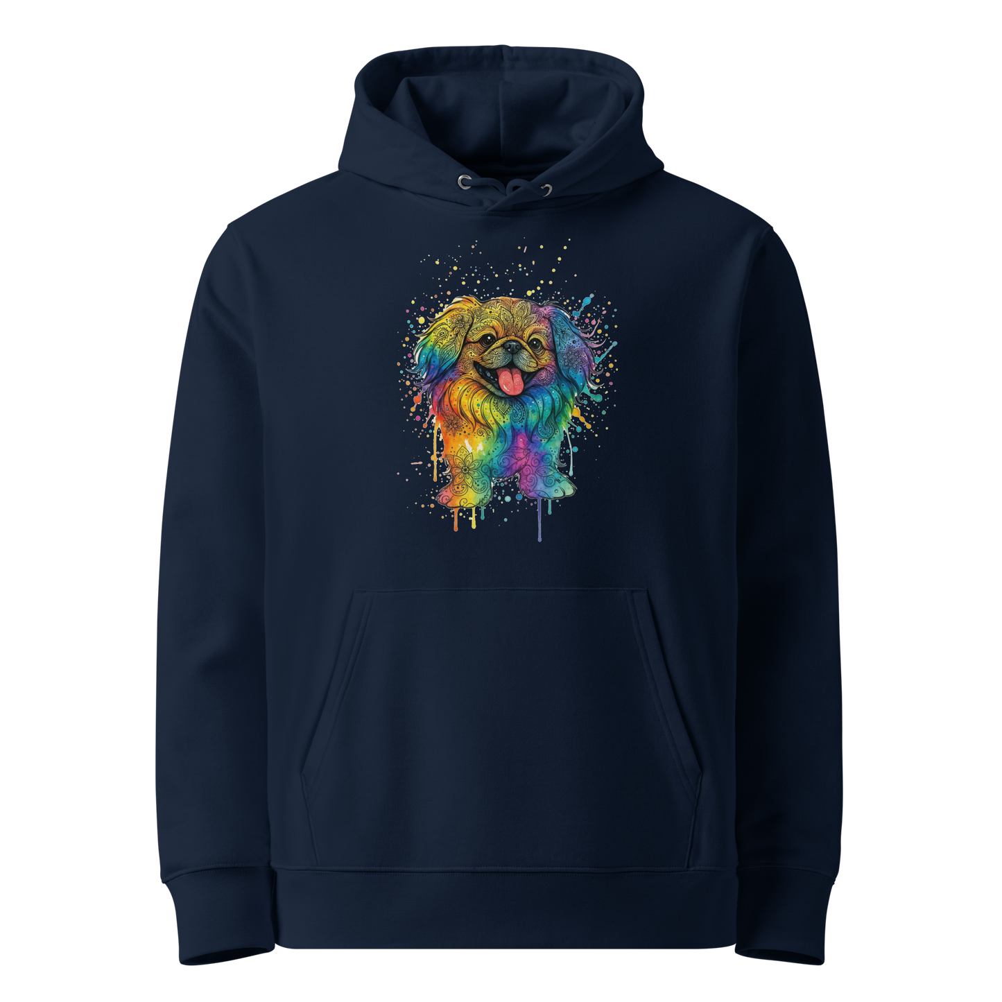 Navy blue hoodie with colorful dog print - front view
