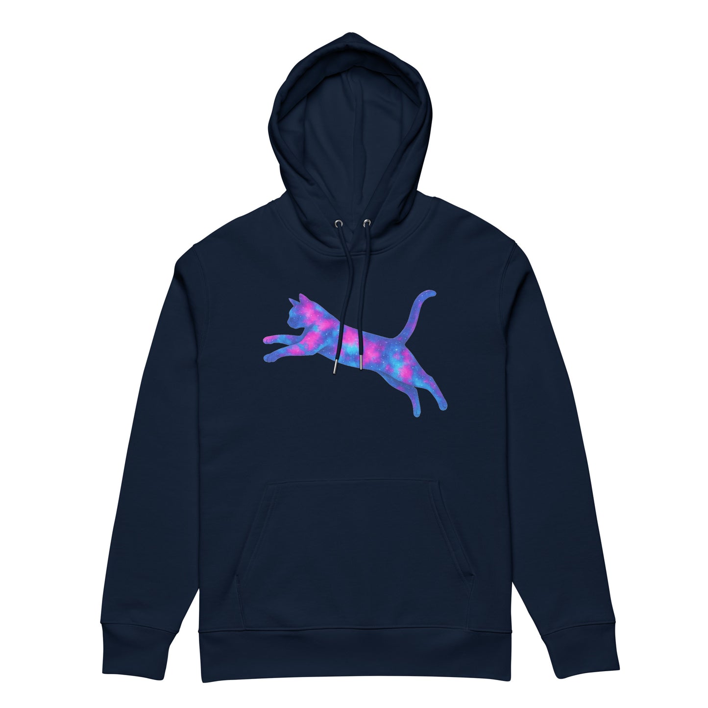 Organic navy blue hoodie with geometric cat print - front view
