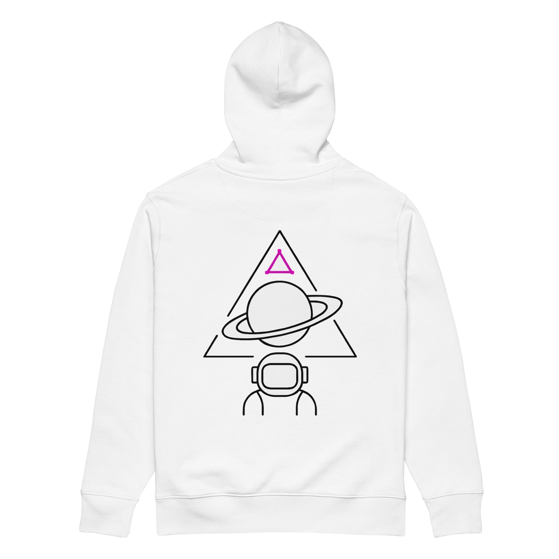 White organic cotton hoodie with space design on back
