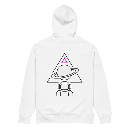 White organic cotton hoodie with space design on back
