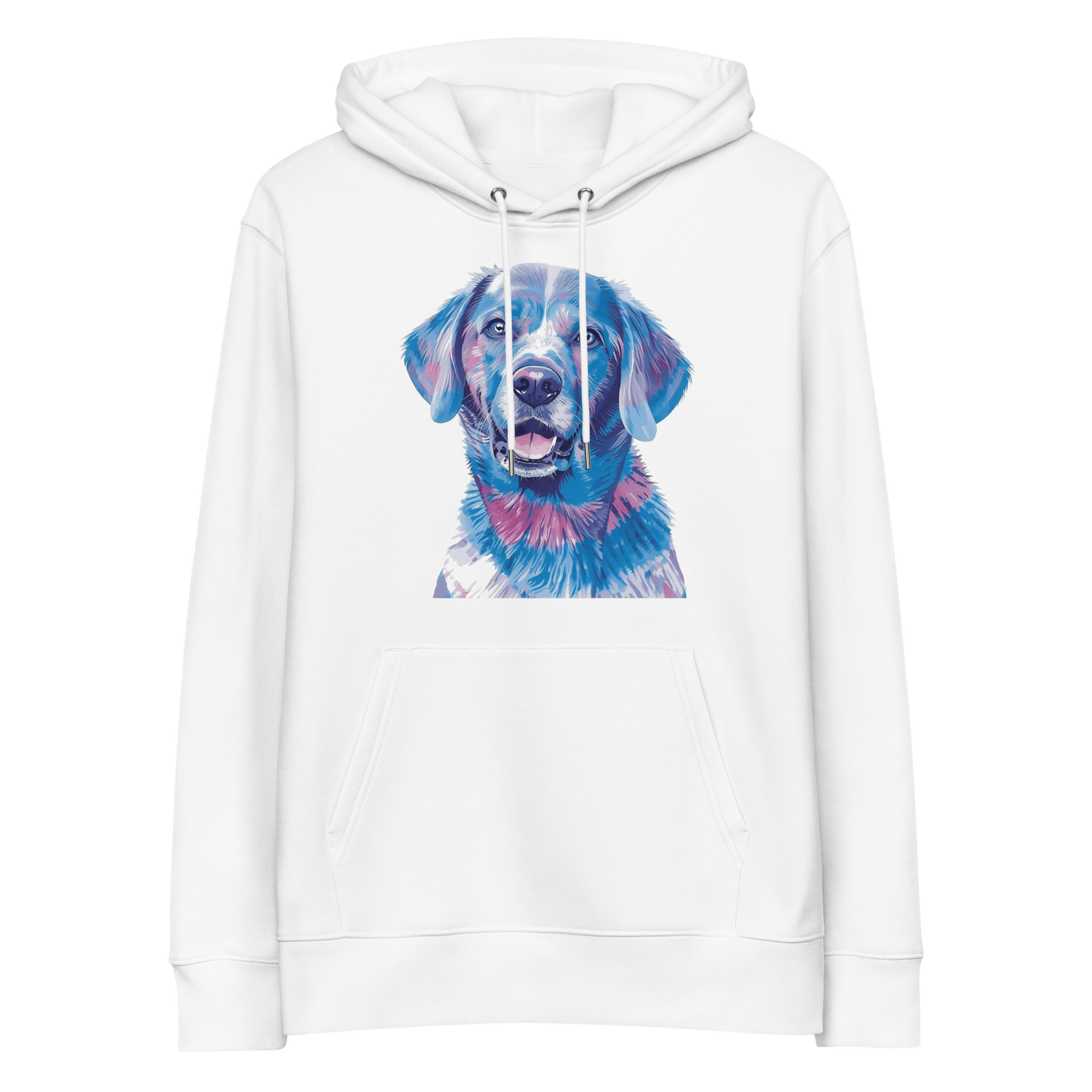 White organic cotton hoodie with blue labrador print
