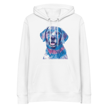 White organic cotton hoodie with blue labrador print

