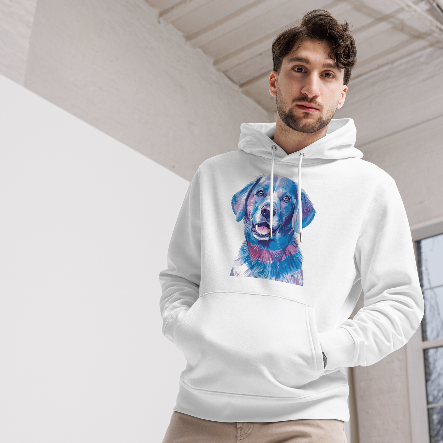 Man wearing white hoodie with blue labrador print

