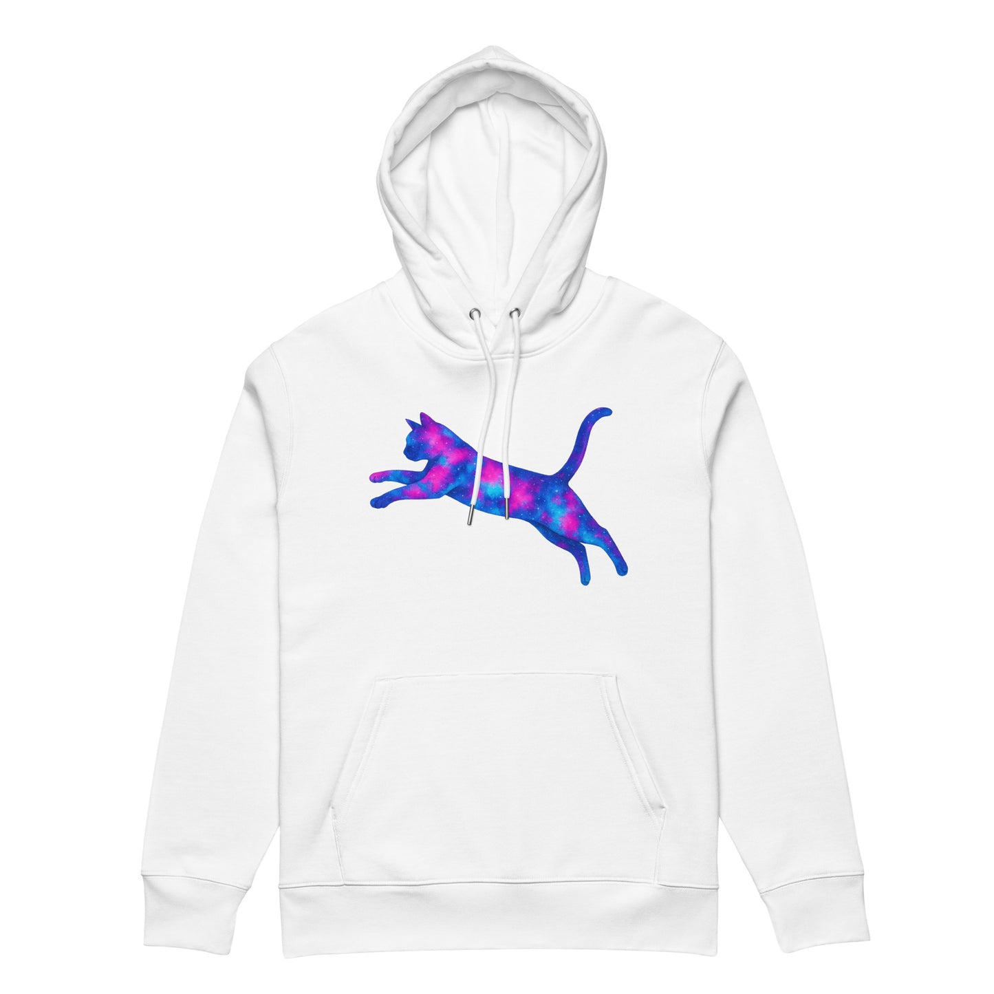 Organic white hoodie with geometric cat print - front view
