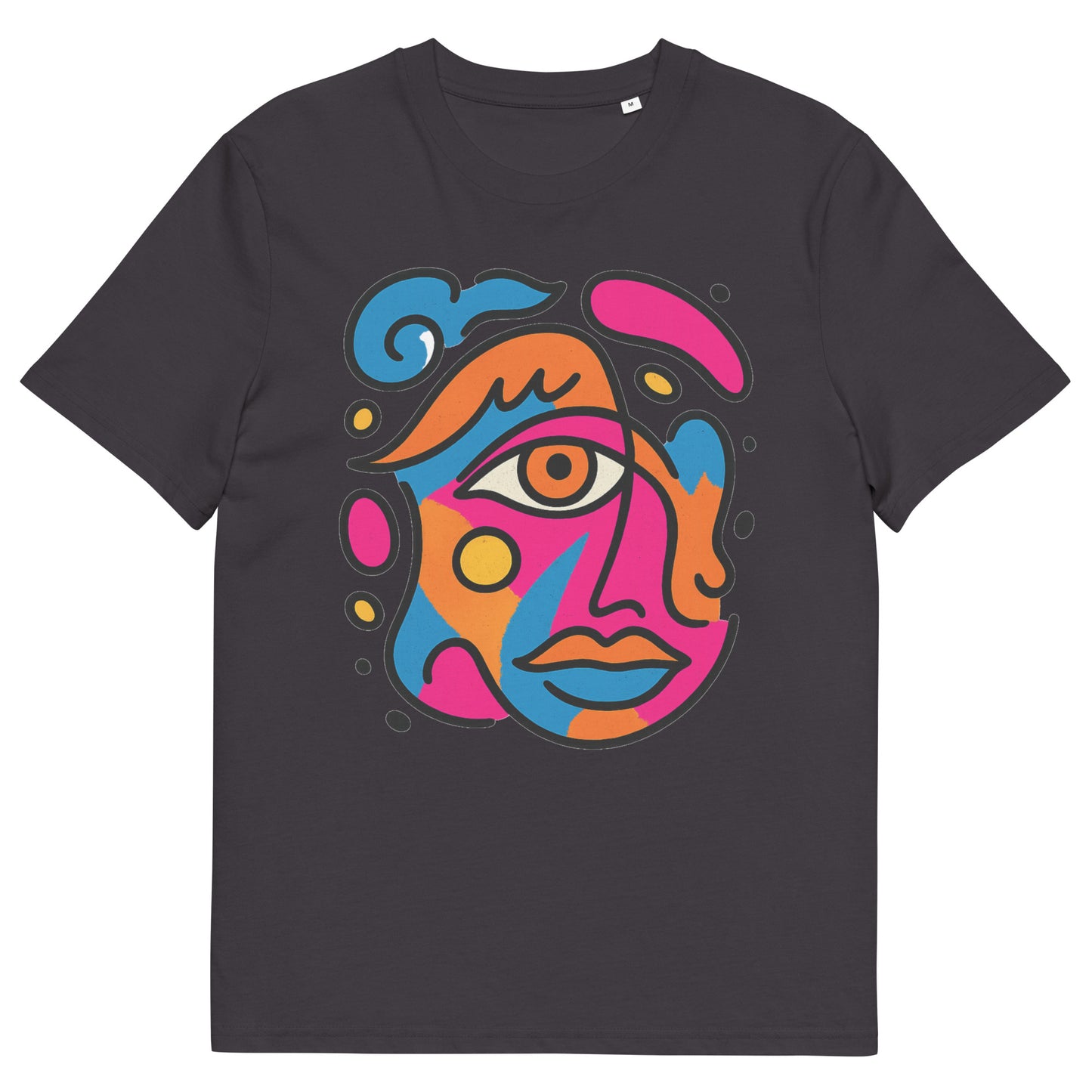 Front view of anthracite t-shirt with vibrant abstract pop art face print in pink, blue, orange and yellow colors
