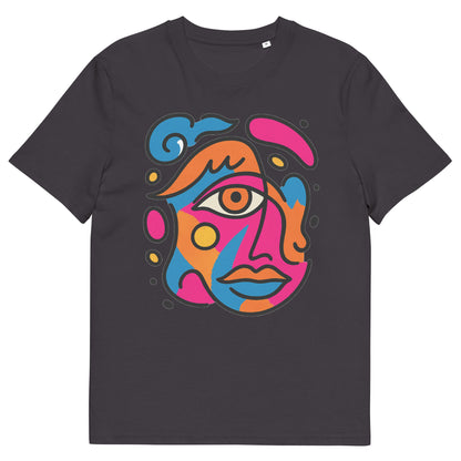 Front view of anthracite t-shirt with vibrant abstract pop art face print in pink, blue, orange and yellow colors
