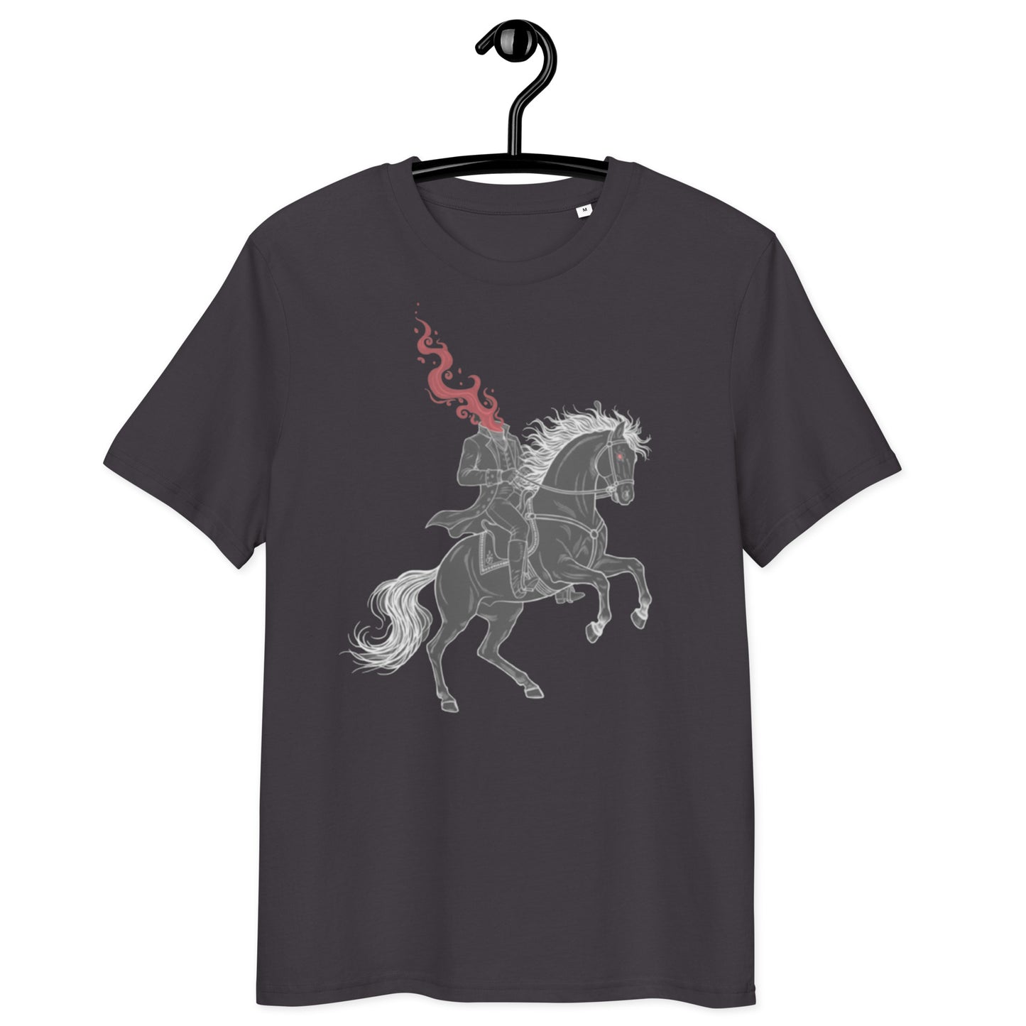 Anthracite grey t-shirt on hanger with headless horseman and fire horse print design - front view
