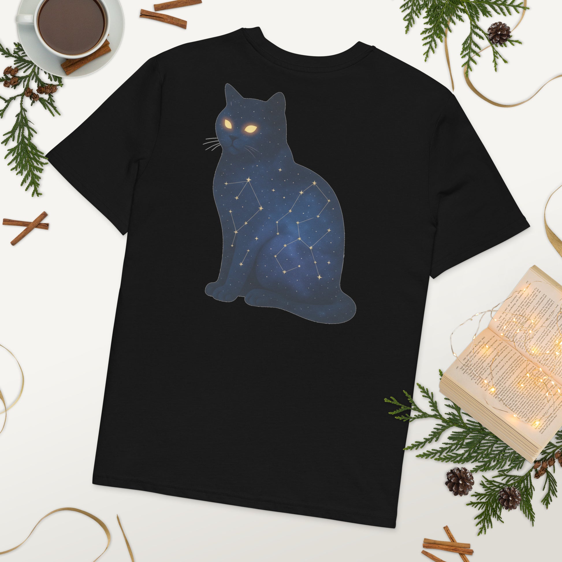Black organic cotton t-shirt with cosmic cat print on back


