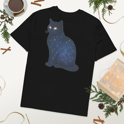 Black organic cotton t-shirt with cosmic cat print on back


