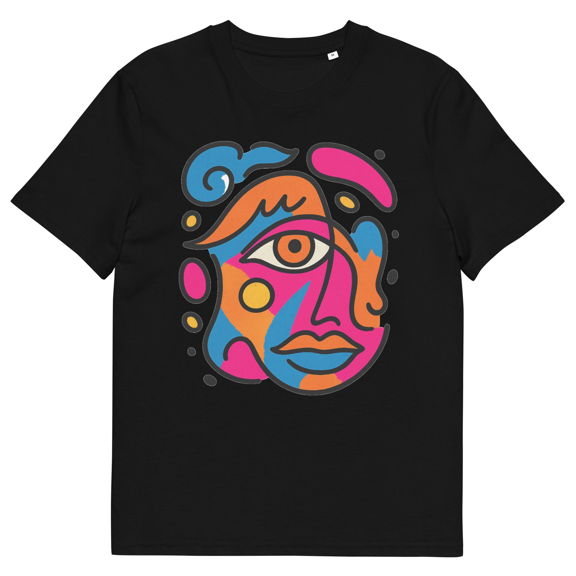 Front view of black t-shirt with vibrant abstract pop art face print in pink, blue, orange and yellow colors
