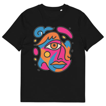 Front view of black t-shirt with vibrant abstract pop art face print in pink, blue, orange and yellow colors

