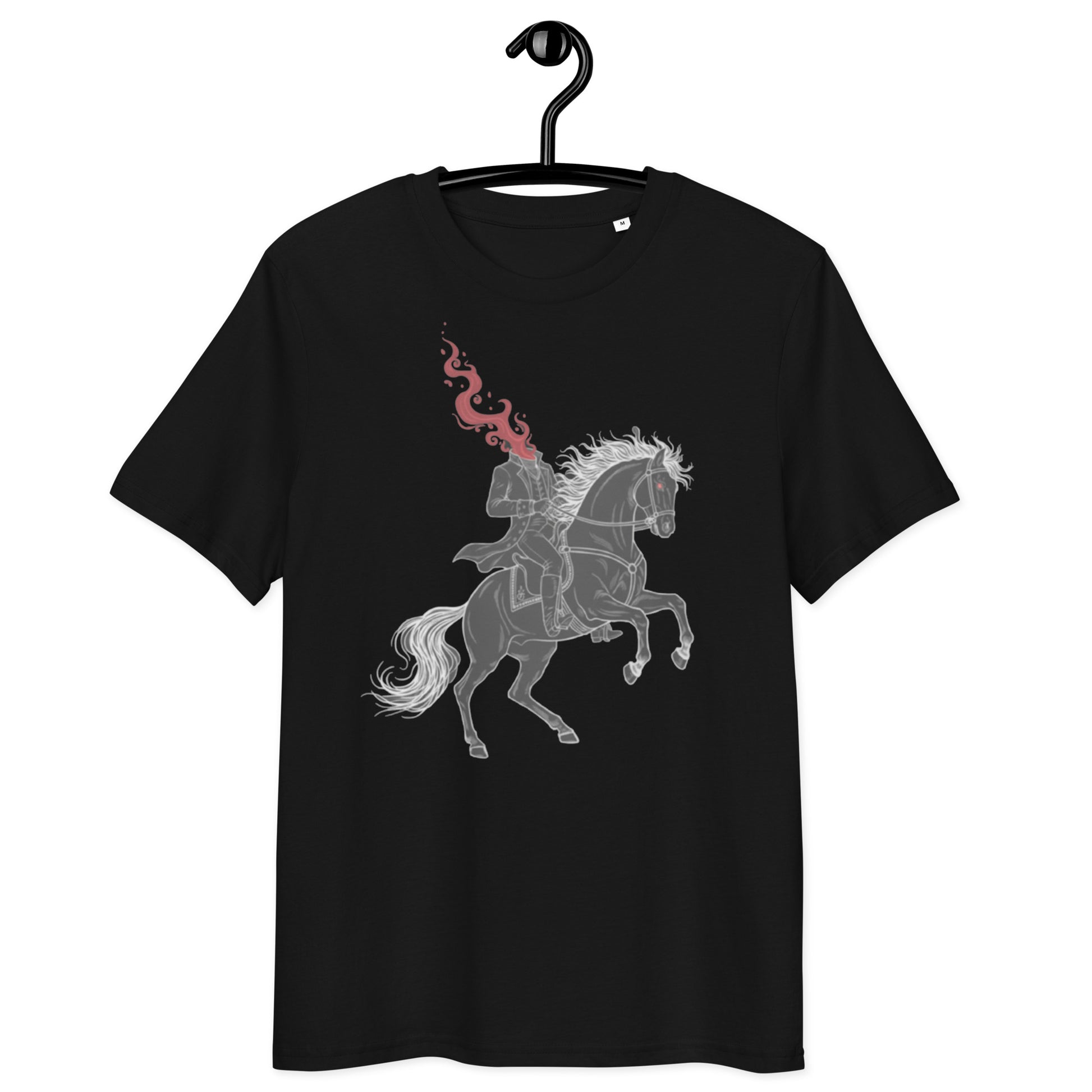 Black t-shirt on hanger with headless horseman and fire horse print design - front view
