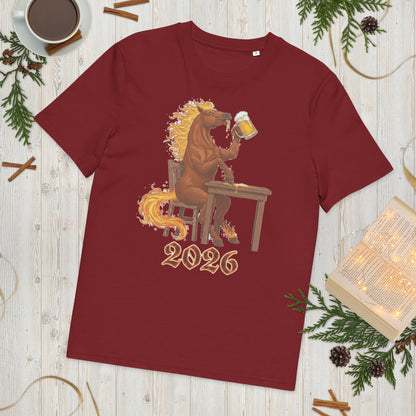 Burgundy organic cotton t-shirt front view with horse print
