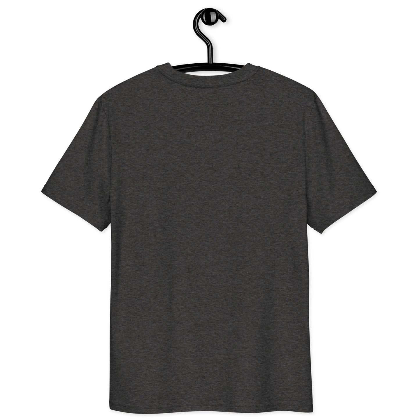 Dark heather grey t-shirt on hanger - back view
