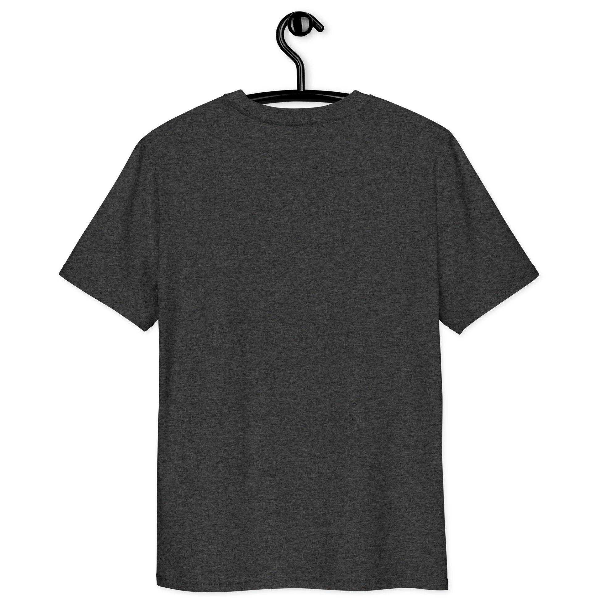 Dark heather grey t-shirt on hanger - back view
