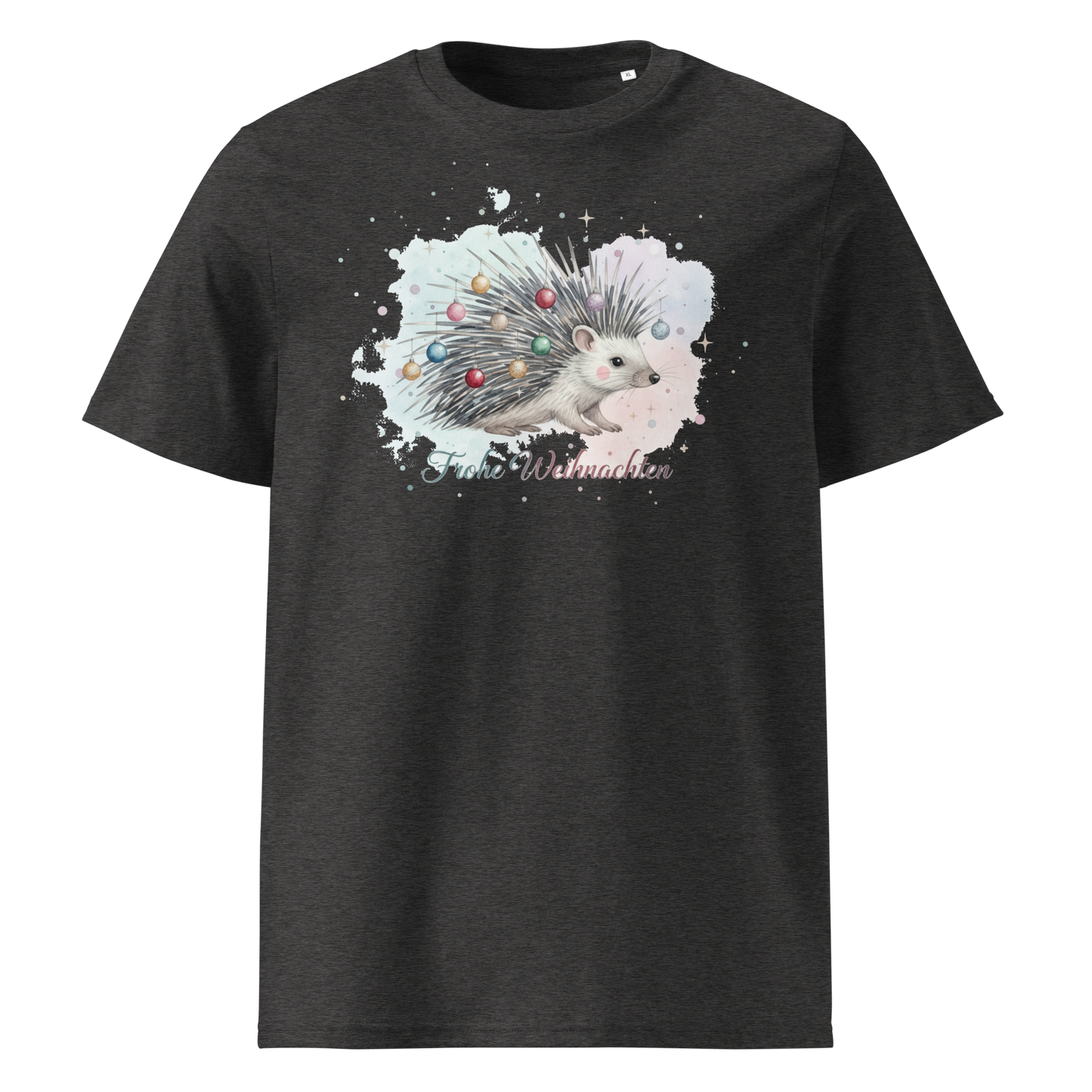 Dark grey organic cotton t-shirt front view with hedgehog print
