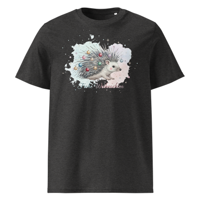 Dark grey organic cotton t-shirt front view with hedgehog print
