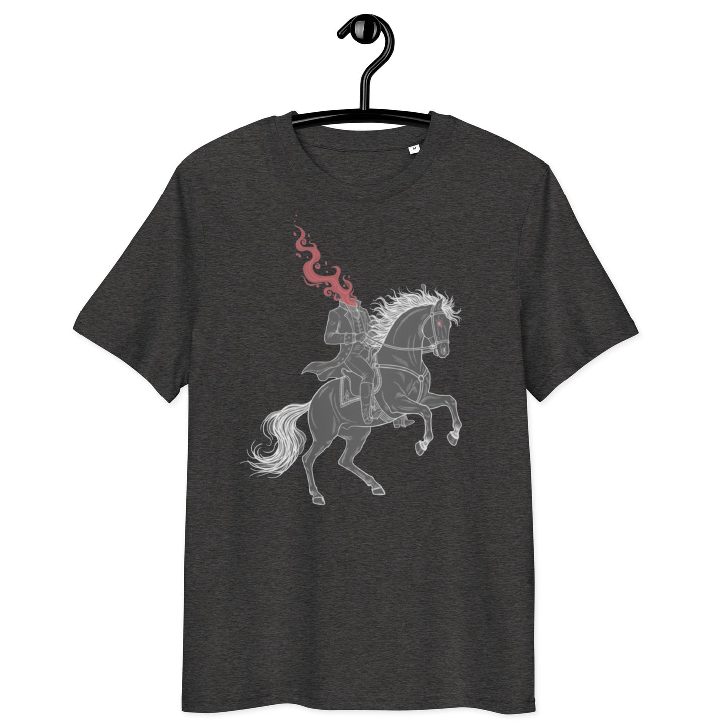 Dark heather grey t-shirt on hanger with headless horseman and fire horse print design - front view
