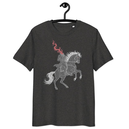 Dark heather grey t-shirt on hanger with headless horseman and fire horse print design - front view
