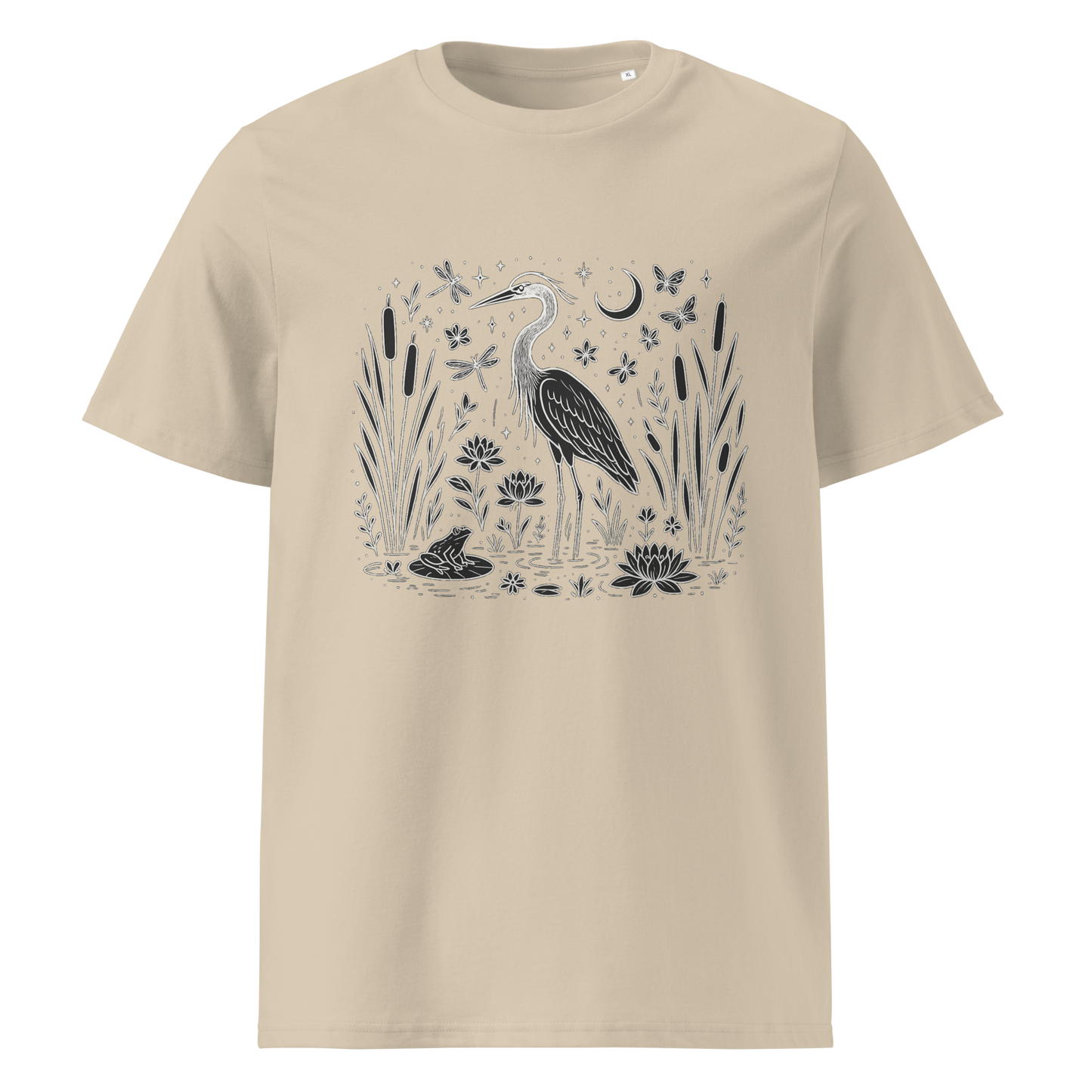 Beige organic cotton t-shirt front view with heron and water plants print
