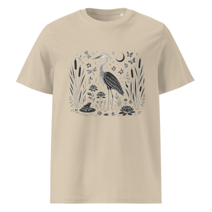 Beige organic cotton t-shirt front view with heron and water plants print
