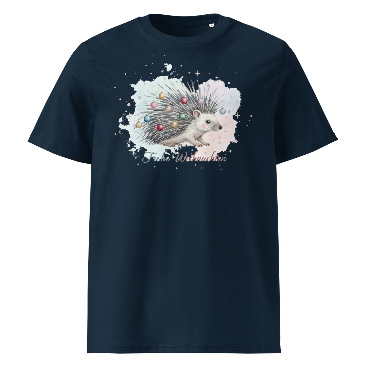 Navy blue organic cotton t-shirt front view with hedgehog print
