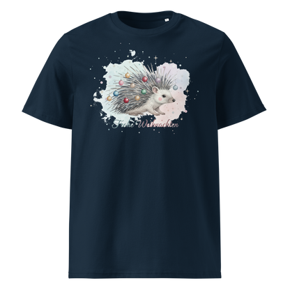Navy blue organic cotton t-shirt front view with hedgehog print
