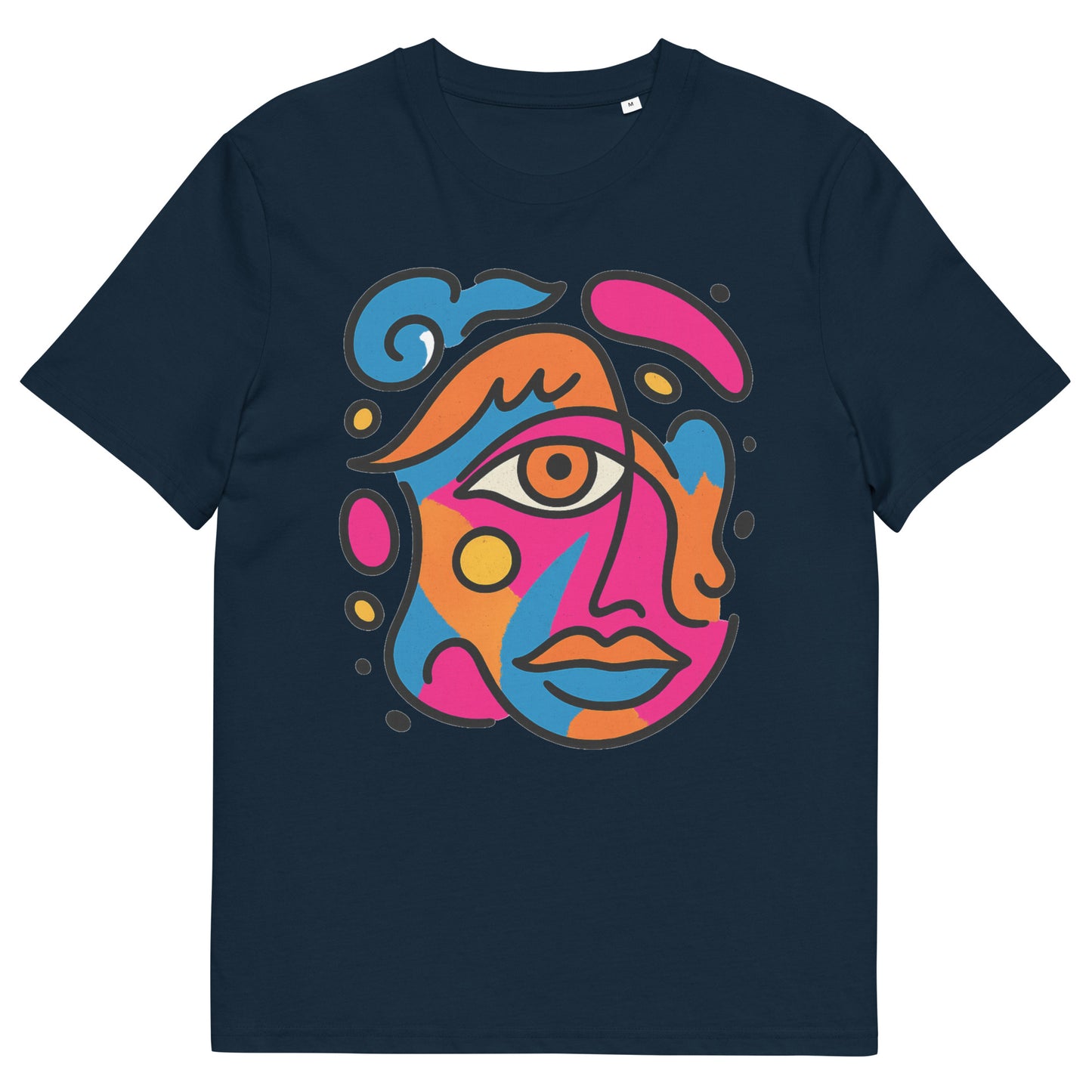 Front view of dark teal t-shirt with vibrant abstract pop art face print in pink, blue, orange and yellow colors
