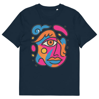 Front view of dark teal t-shirt with vibrant abstract pop art face print in pink, blue, orange and yellow colors
