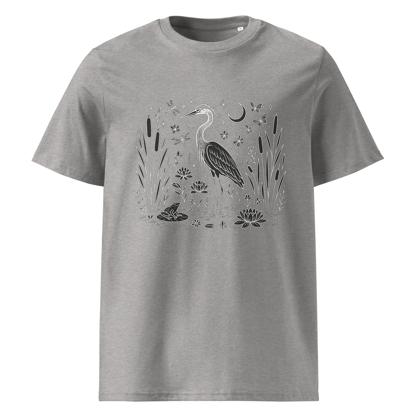 Grey organic cotton t-shirt front view with heron and water plants print
