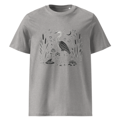 Grey organic cotton t-shirt front view with heron and water plants print
