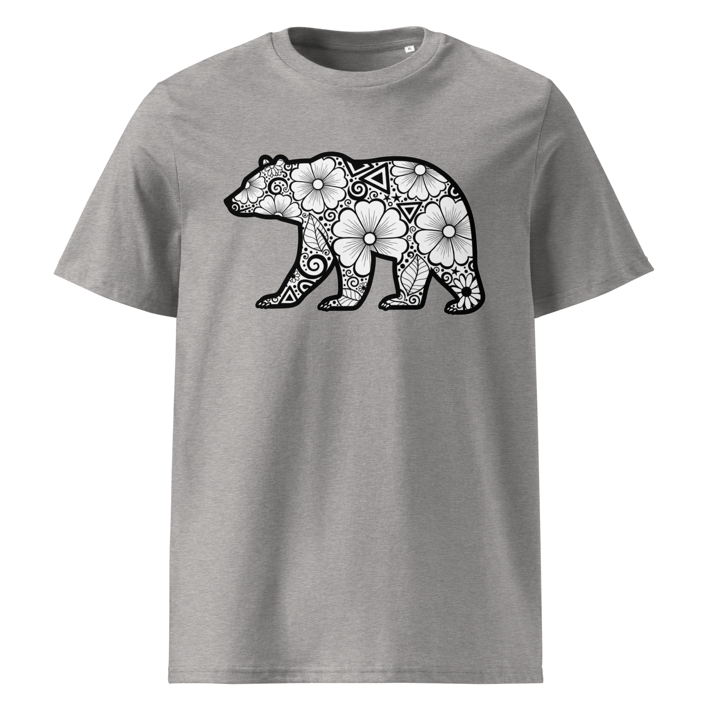Grey organic cotton t-shirt front view with geometric bear print
